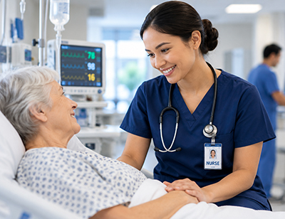 Nurse caring for a patient in a hospital ward