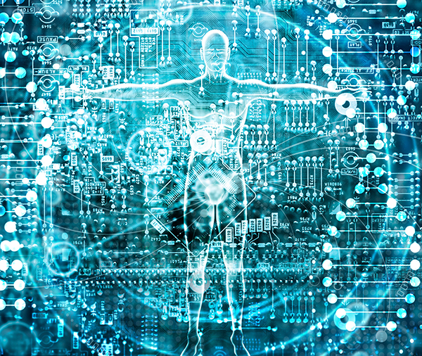 Human figure overlaid on circuit boards, representing artificial intelligence and computing